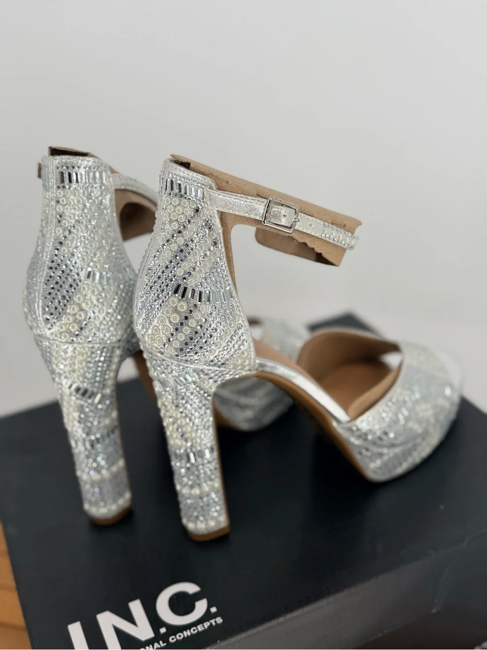 New INC Silver Crystal Platform Ankle Strap Heels - Women SIZE 8